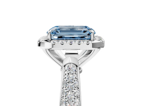White gold Fancy Blue Emerald Cut Halo Diamond Ring with Pavé Band_25