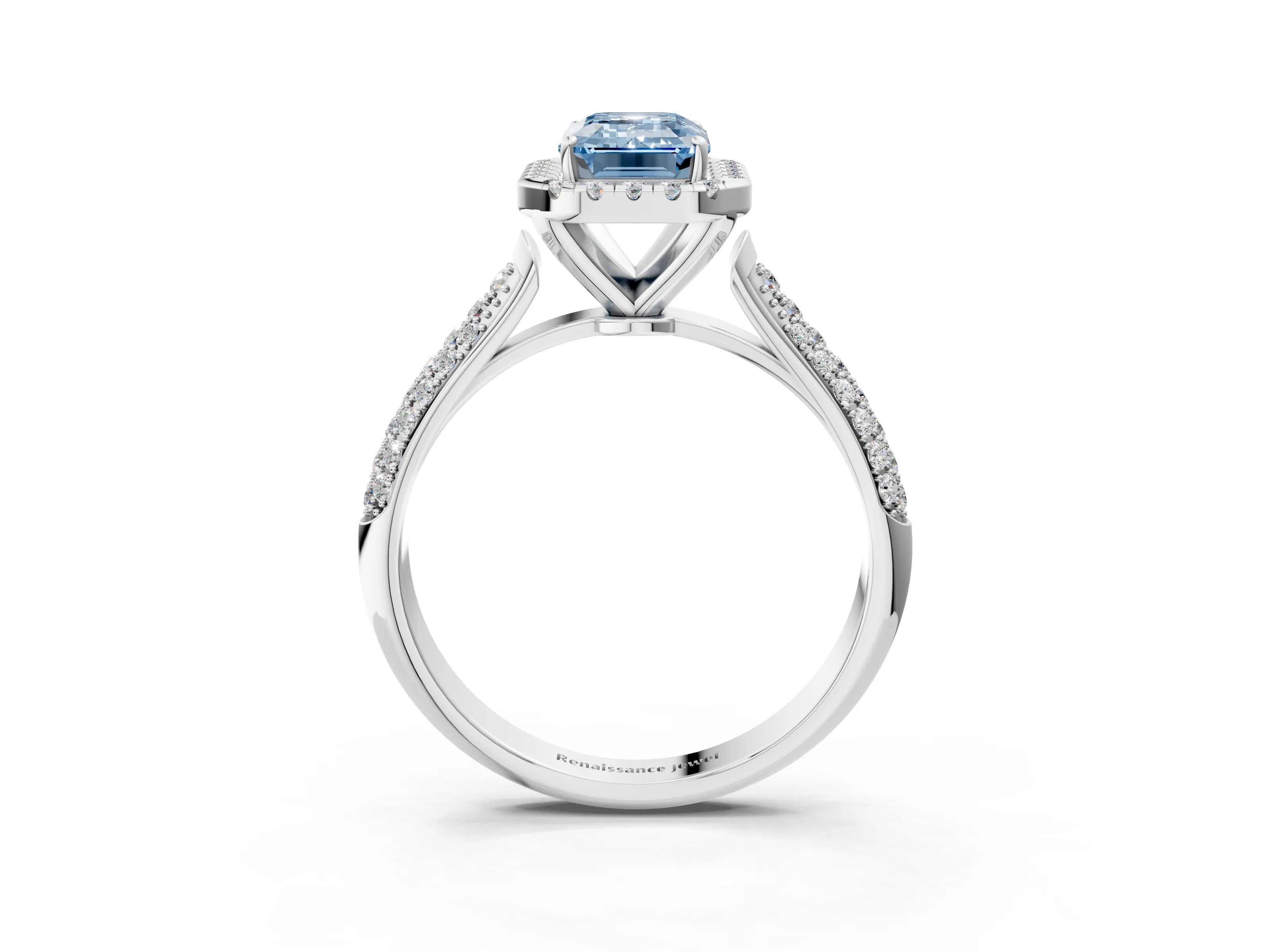 White gold Fancy Blue Emerald Cut Halo Diamond Ring with Pavé Band_3