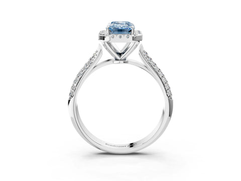 White gold Fancy Blue Emerald Cut Halo Diamond Ring with Pavé Band_3