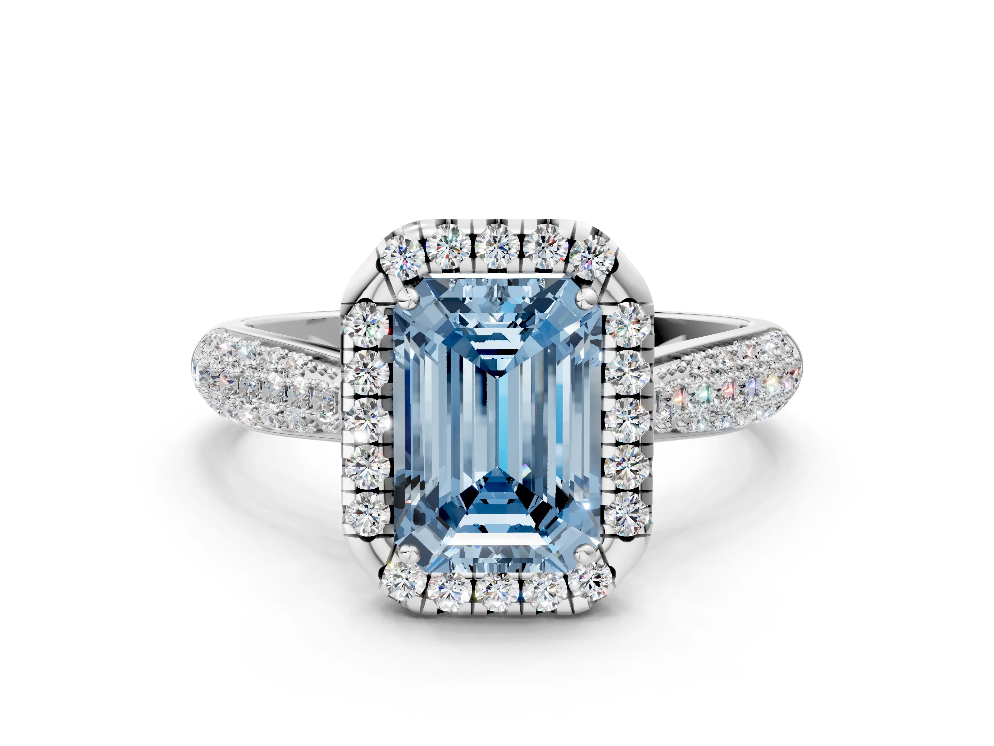 White gold Fancy Blue Emerald Cut Halo Diamond Ring with Pavé Band