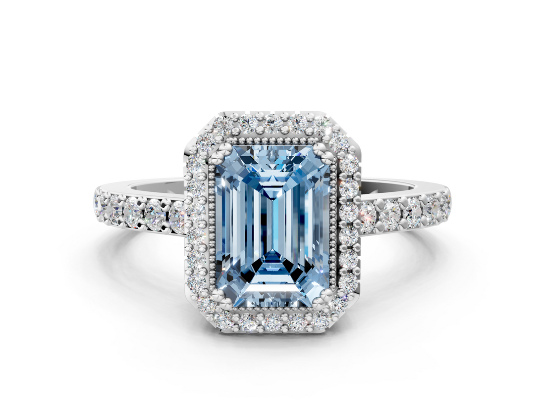 White gold Fancy Blue Emerald  Cut Halo Diamond Ring with Pave Band and Four-Prong Setting_24