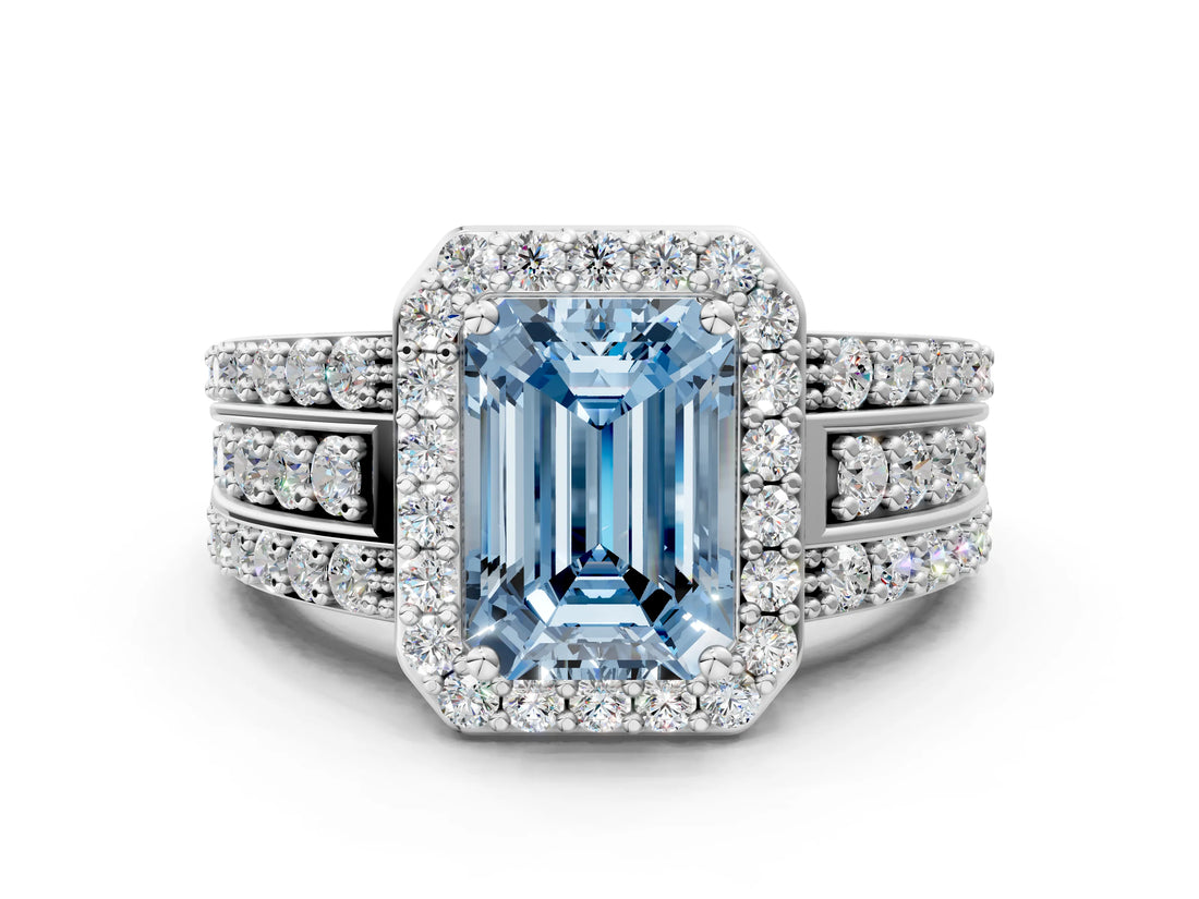 White gold Fancy Blue Emerald Cut Halo Diamond Ring with Round  Split Shank and Prong Setting_113