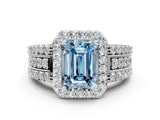 White gold Fancy Blue Emerald Cut Halo Diamond Ring with Round  Split Shank and Prong Setting_113