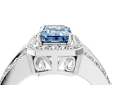 White gold Fancy Blue Emerald Cut Halo Diamond Ring with Round  Split Shank and Prong Setting_117