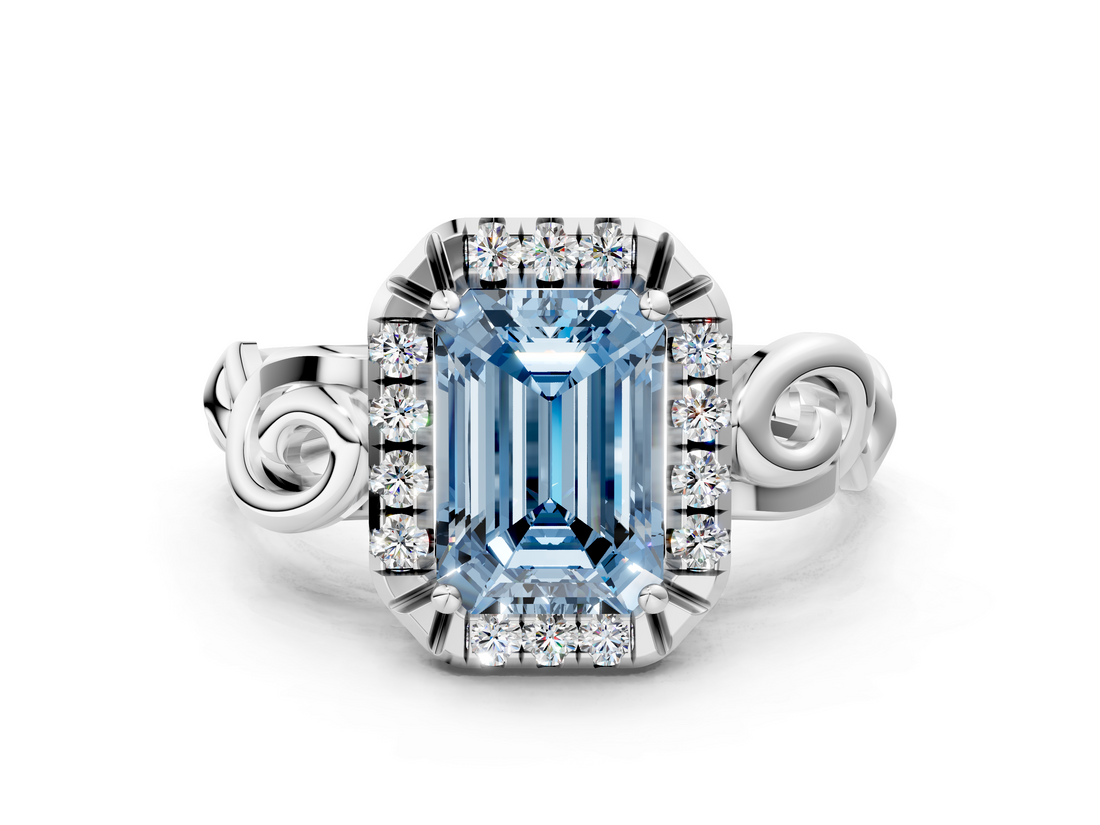White gold Fancy Blue Emerald  Cut Halo Diamond Ring with Scrollwork Band and Four-Prong Setting_46