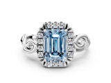 White gold Fancy Blue Emerald  Cut Halo Diamond Ring with Scrollwork Band and Four-Prong Setting_46