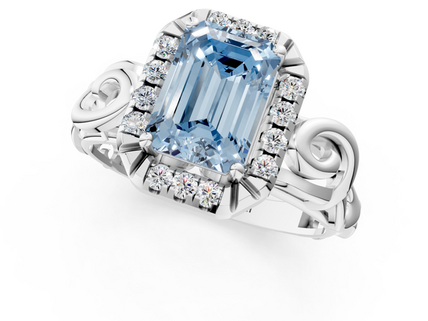 Platinum Fancy Blue Emerald  Cut Halo Diamond Ring with Scrollwork Band and Four-Prong Setting