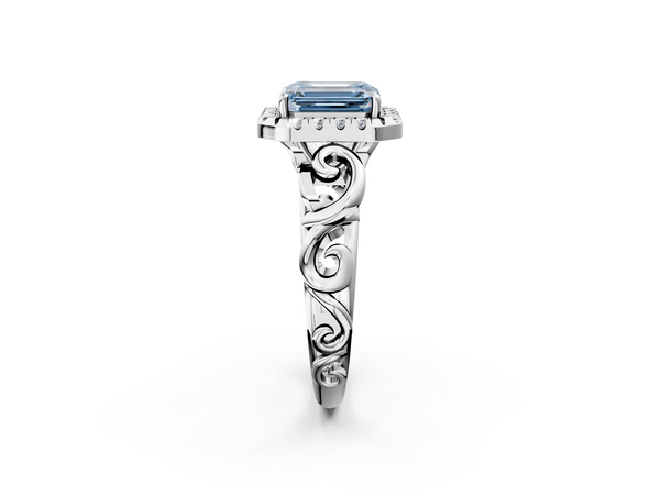 Platinum Fancy Blue Emerald  Cut Halo Diamond Ring with Scrollwork Band and Four-Prong Setting