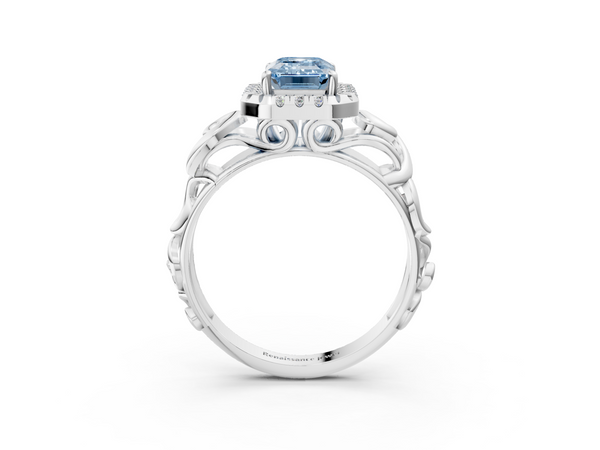 Platinum Fancy Blue Emerald  Cut Halo Diamond Ring with Scrollwork Band and Four-Prong Setting