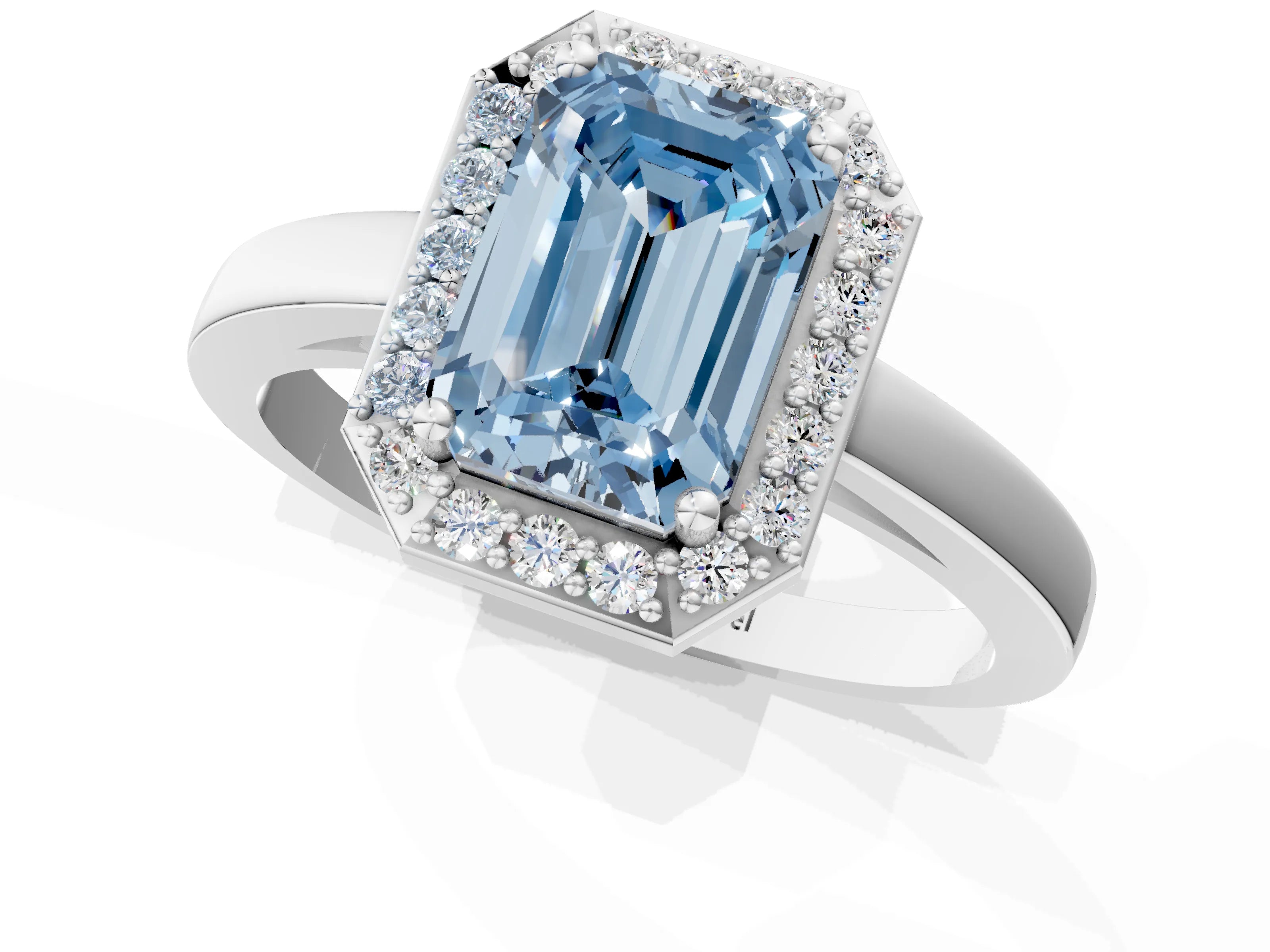 White gold Fancy Blue Emerald Cut Halo Diamond Ring with Solitaire Band and Prong Setting_1