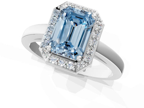 White gold Fancy Blue Emerald Cut Halo Diamond Ring with Solitaire Band and Prong Setting_1