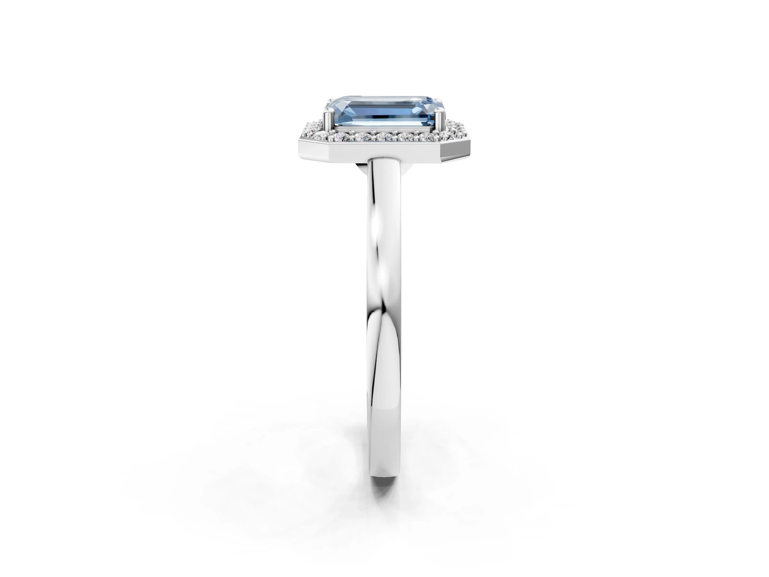 White gold Fancy Blue Emerald Cut Halo Diamond Ring with Solitaire Band and Prong Setting_2