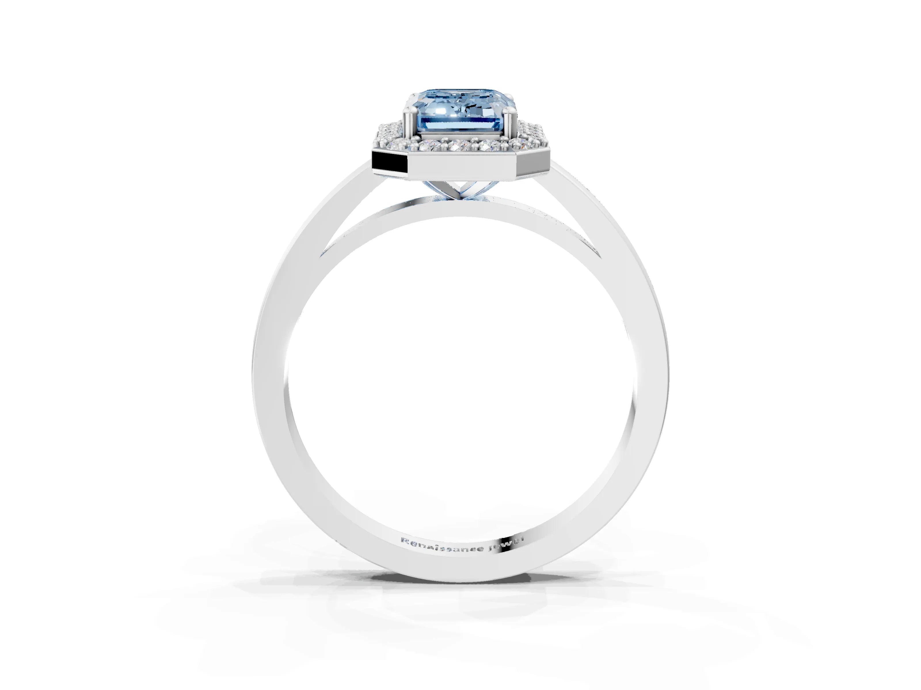 White gold Fancy Blue Emerald Cut Halo Diamond Ring with Solitaire Band and Prong Setting_3