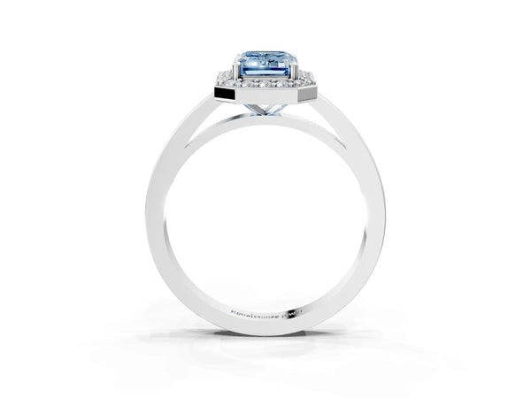 White gold Fancy Blue Emerald Cut Halo Diamond Ring with Solitaire Band and Prong Setting