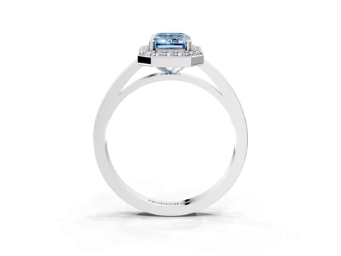 White gold Fancy Blue Emerald Cut Halo Diamond Ring with Solitaire Band and Prong Setting_3