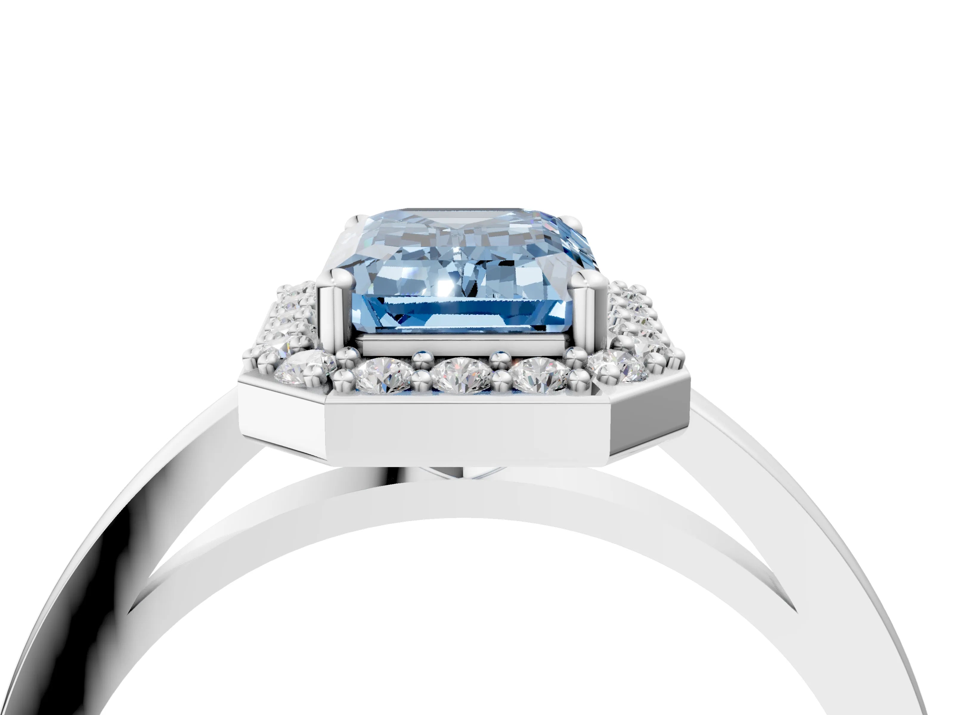 White gold Fancy Blue Emerald Cut Halo Diamond Ring with Solitaire Band and Prong Setting_4