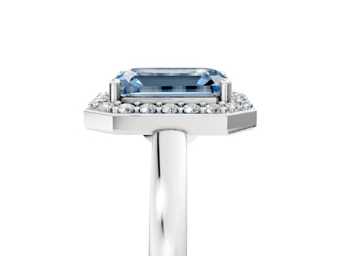 White gold Fancy Blue Emerald Cut Halo Diamond Ring with Solitaire Band and Prong Setting_5