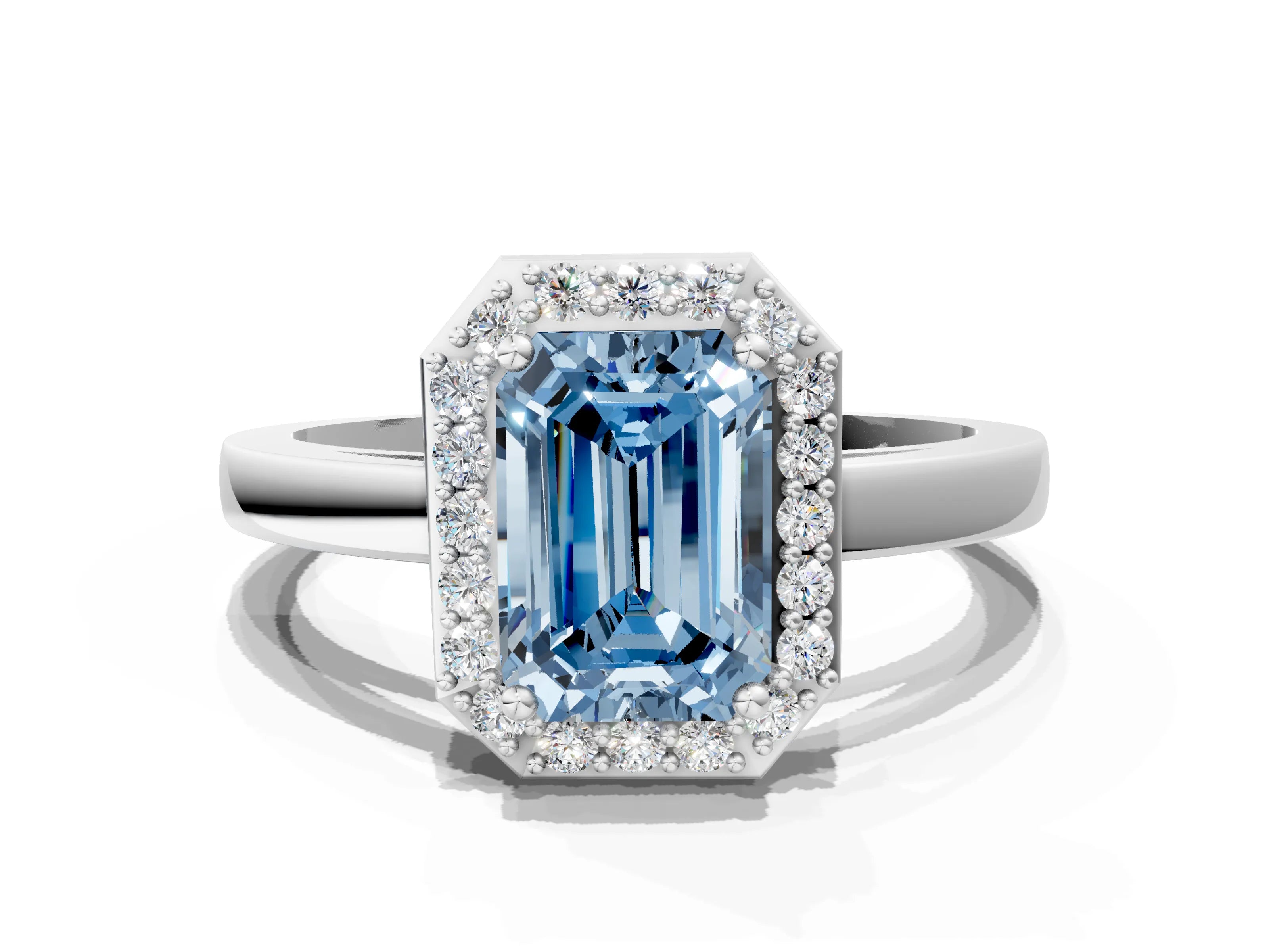White gold Fancy Blue Emerald Cut Halo Diamond Ring with Solitaire Band and Prong Setting