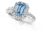 White gold Fancy Blue Emerald Cut Halo Diamond Solitaire with Filigree Band and Four-Prong Setting_1