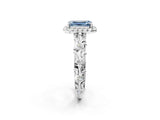 White gold Fancy Blue Emerald Cut Halo Diamond Solitaire with Filigree Band and Four-Prong Setting_2