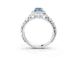 White gold Fancy Blue Emerald Cut Halo Diamond Solitaire with Filigree Band and Four-Prong Setting_3