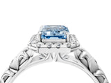 White gold Fancy Blue Emerald Cut Halo Diamond Solitaire with Filigree Band and Four-Prong Setting_4