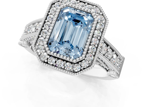 White gold Fancy Blue Emerald Cut Halo Diamond Split Shank Pave Ring