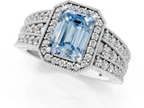 White gold Fancy Blue Emerald Cut Halo Diamond Split Shank Ring with Prong Setting_1