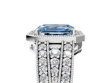White gold Fancy Blue Emerald Cut Halo Diamond Split Shank Ring with Prong Setting_5