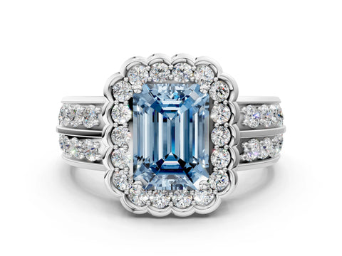 White gold Fancy Blue Emerald Cut Halo Diamond Split Shank Ring with Scalloped Prong Setting_12