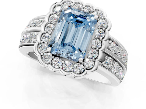 White gold Fancy Blue Emerald Cut Halo Diamond Split Shank Ring with Scalloped Prong Setting_13