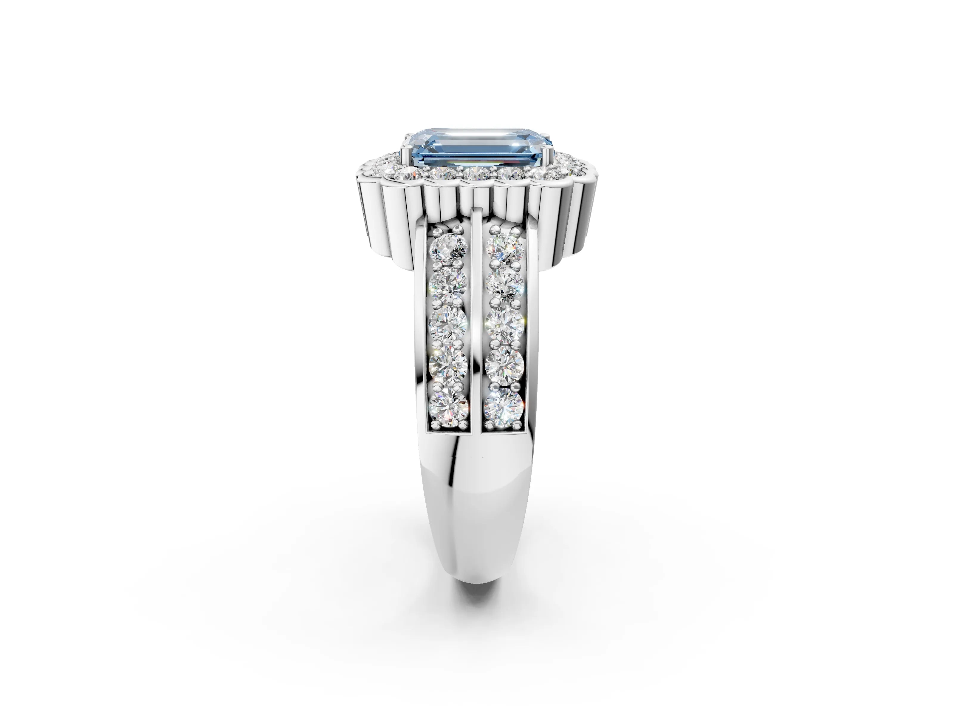 White gold Fancy Blue Emerald Cut Halo Diamond Split Shank Ring with Scalloped Prong Setting_14
