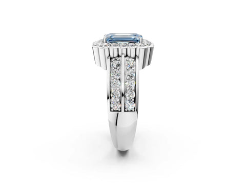 White gold Fancy Blue Emerald Cut Halo Diamond Split Shank Ring with Scalloped Prong Setting_14