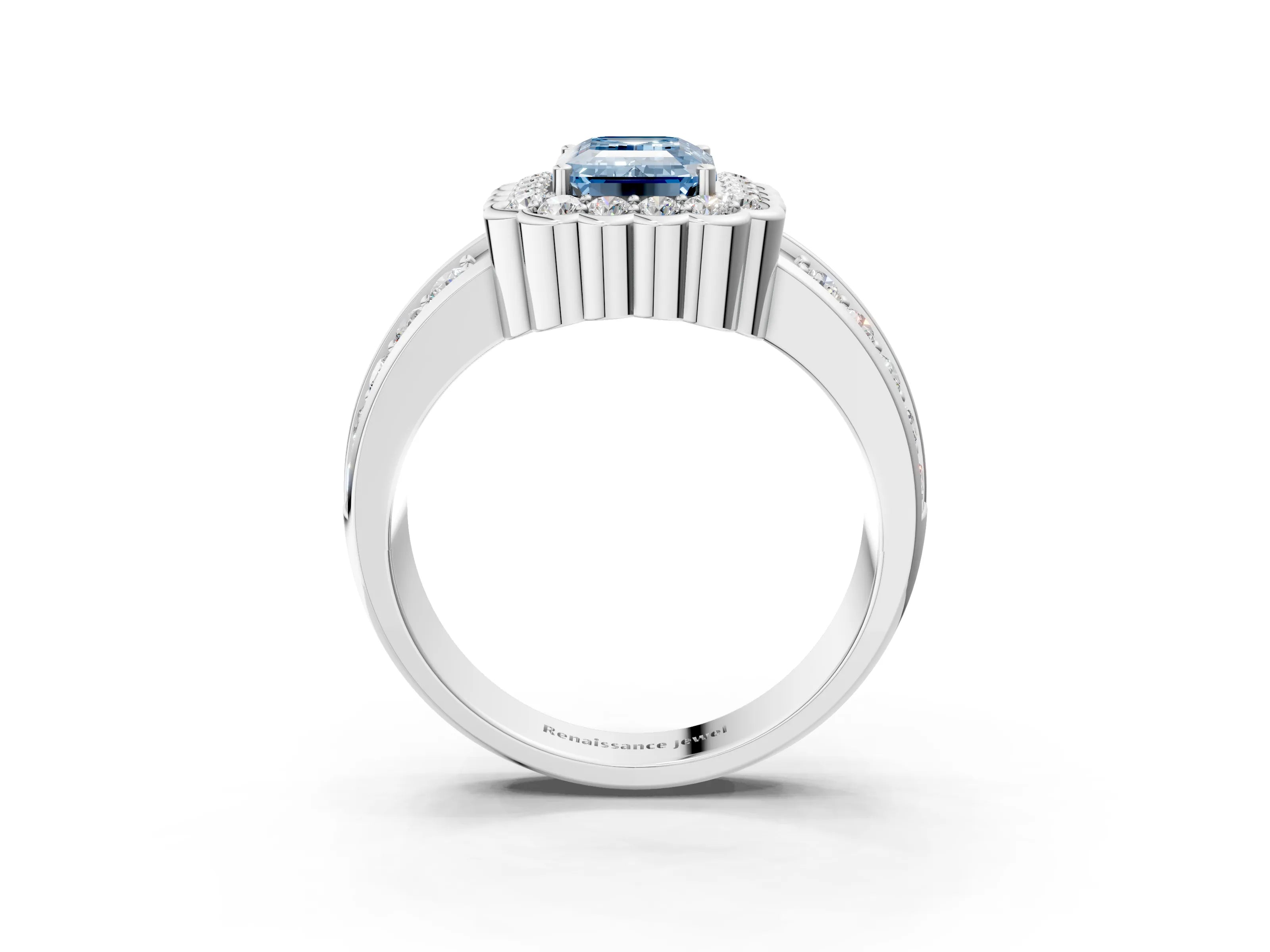 White gold Fancy Blue Emerald Cut Halo Diamond Split Shank Ring with Scalloped Prong Setting_15