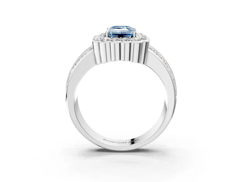 White gold Fancy Blue Emerald Cut Halo Diamond Split Shank Ring with Scalloped Prong Setting_15