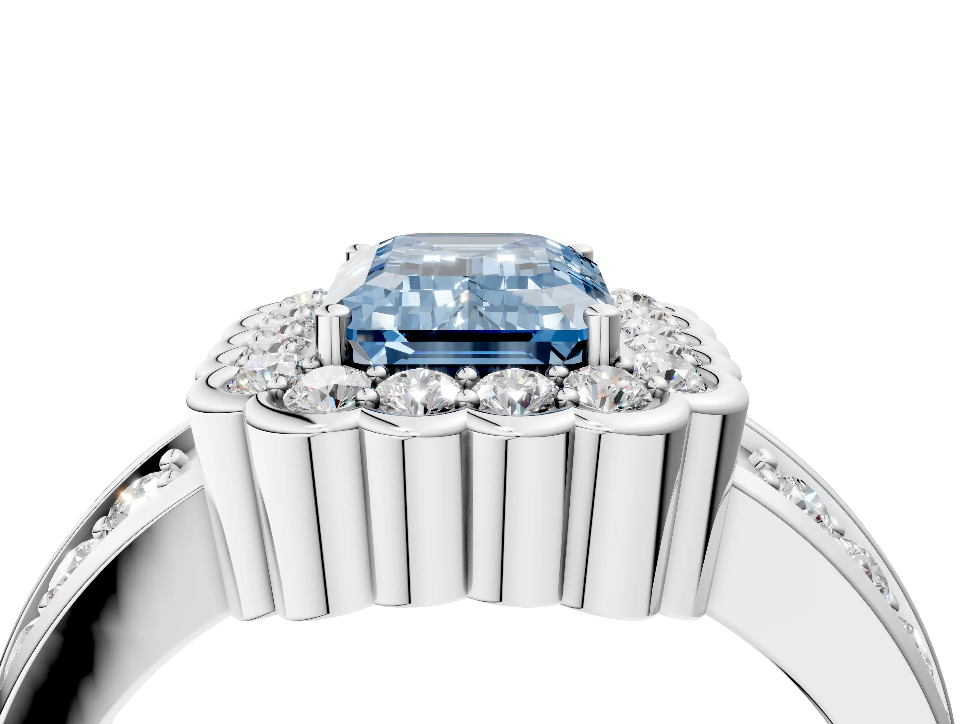 White gold Fancy Blue Emerald Cut Halo Diamond Split Shank Ring with Scalloped Prong Setting_16