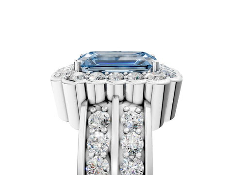 White gold Fancy Blue Emerald Cut Halo Diamond Split Shank Ring with Scalloped Prong Setting_17