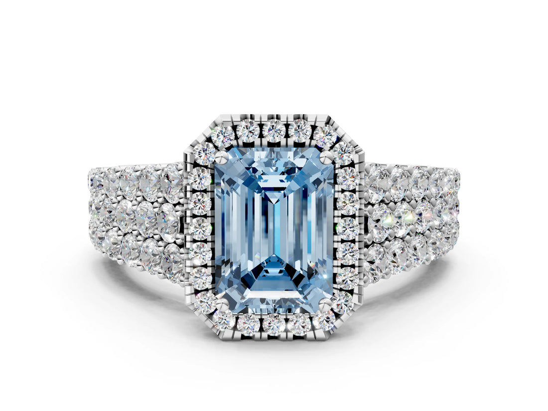 White gold Fancy Blue Emerald Cut Halo Pavé Diamond Engagement Ring with Split Shank and Four-Prong Setting_3