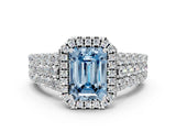 White gold Fancy Blue Emerald Cut Halo Pavé Diamond Engagement Ring with Split Shank and Four-Prong Setting_3