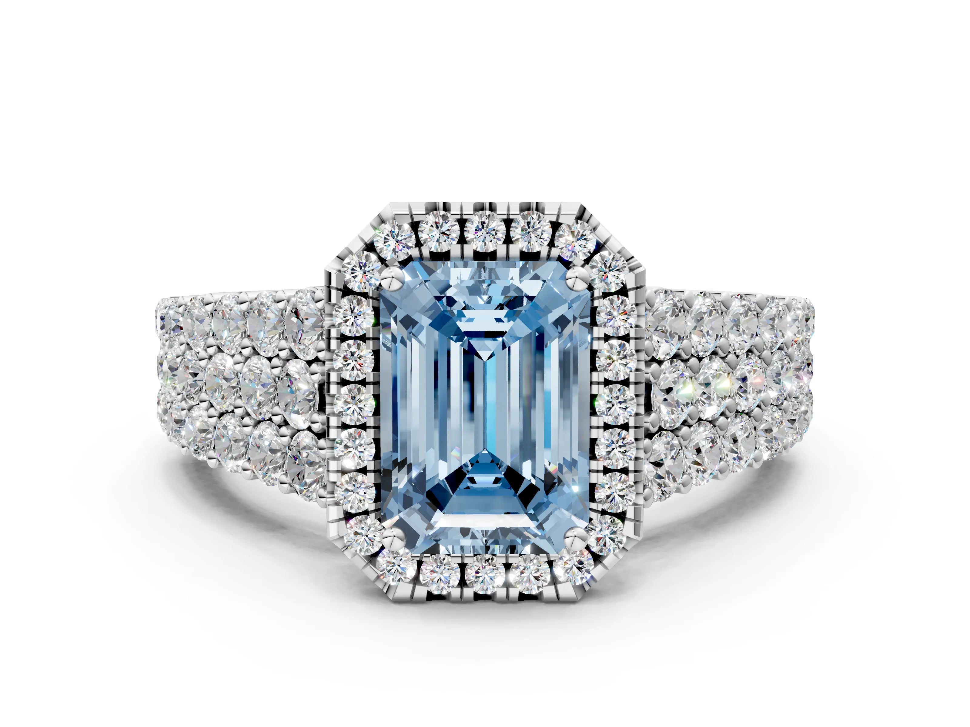White gold Fancy Blue Emerald Cut Halo Pavé Diamond Engagement Ring with Split Shank and Four-Prong Setting_3
