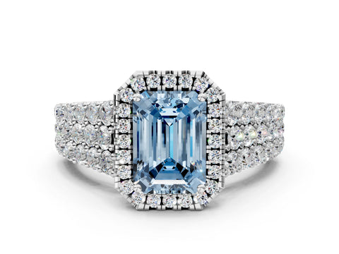 White gold Fancy Blue Emerald Cut Halo Pavé Diamond Engagement Ring with Split Shank and Four-Prong Setting_3