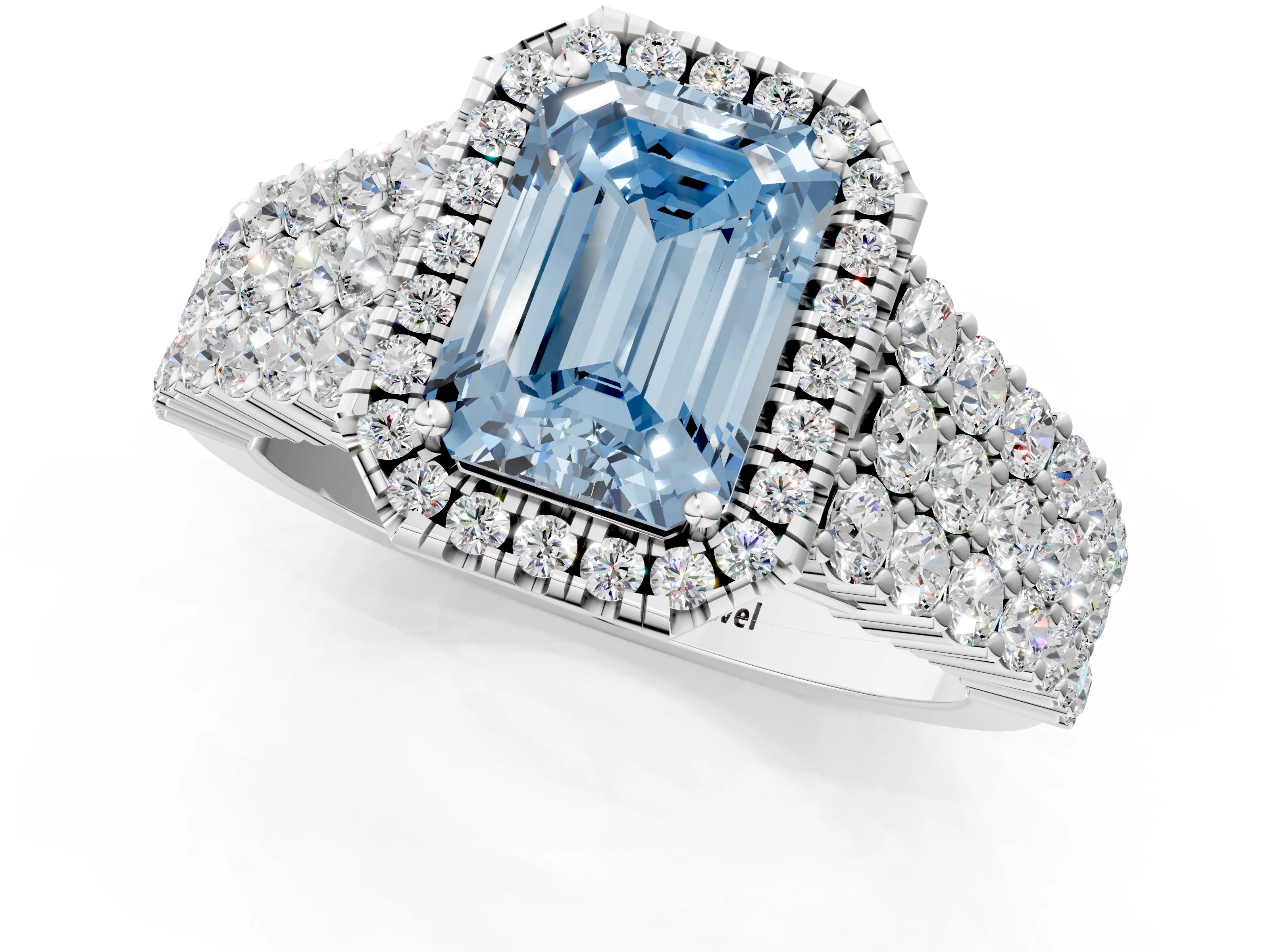 White gold Fancy Blue Emerald Cut Halo Pavé Diamond Engagement Ring with Split Shank and Four-Prong Setting_4