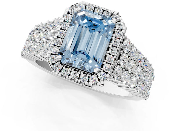 White gold Fancy Blue Emerald Cut Halo Pavé Diamond Engagement Ring with Split Shank and Four-Prong Setting