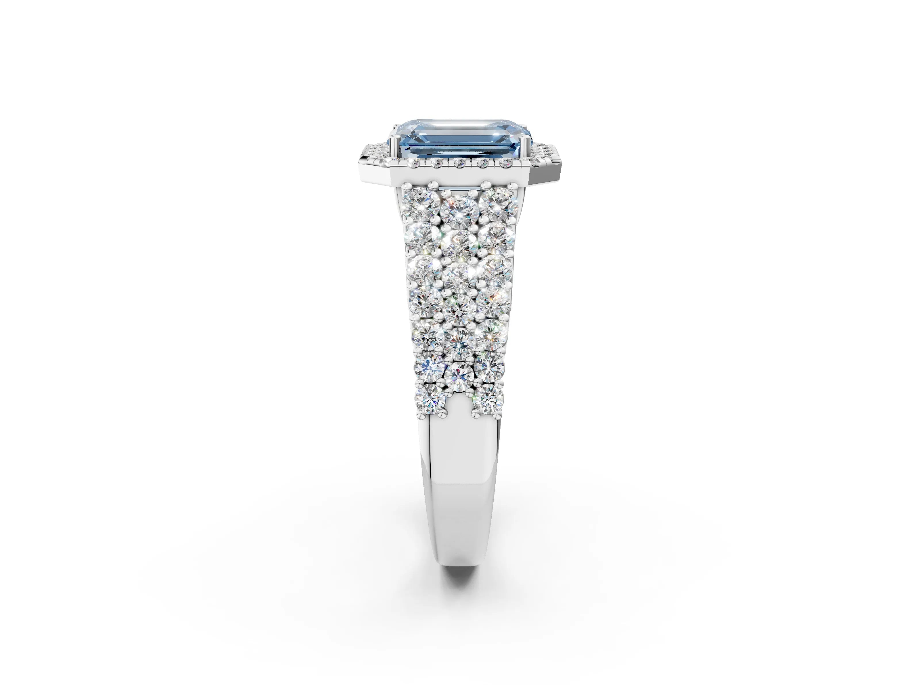 White gold Fancy Blue Emerald Cut Halo Pavé Diamond Engagement Ring with Split Shank and Four-Prong Setting_5