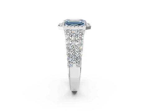 White gold Fancy Blue Emerald Cut Halo Pavé Diamond Engagement Ring with Split Shank and Four-Prong Setting_5