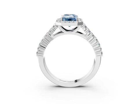 White gold Fancy Blue Emerald Cut Halo Pavé Diamond Engagement Ring with Split Shank and Four-Prong Setting_6