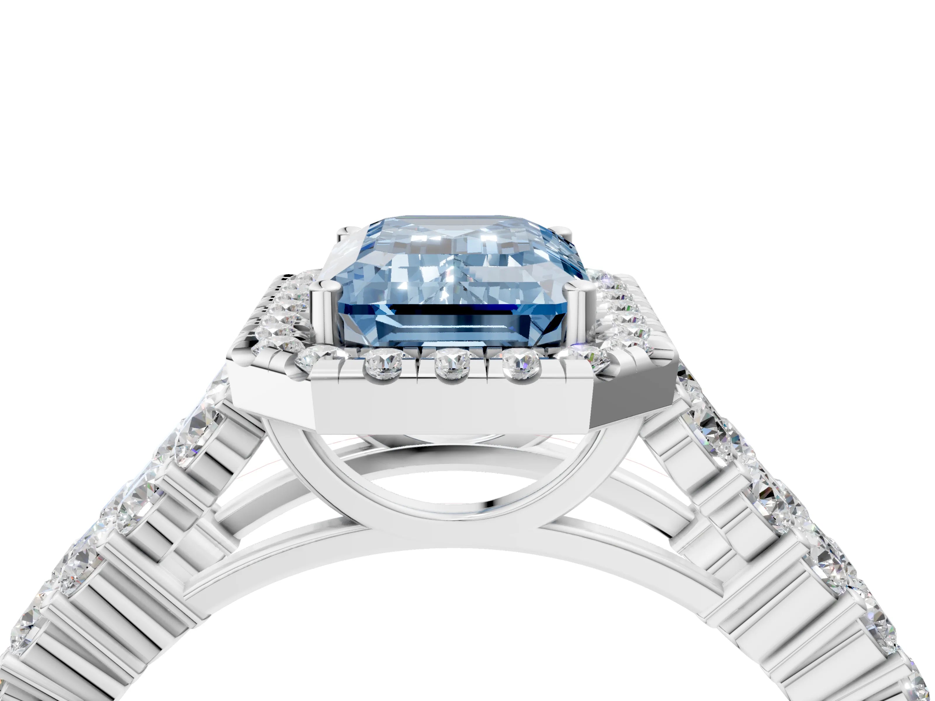 White gold Fancy Blue Emerald Cut Halo Pavé Diamond Engagement Ring with Split Shank and Four-Prong Setting_7
