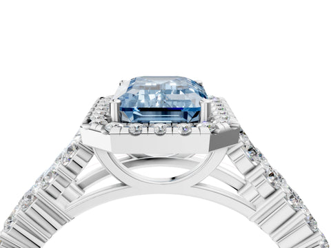 White gold Fancy Blue Emerald Cut Halo Pavé Diamond Engagement Ring with Split Shank and Four-Prong Setting_7