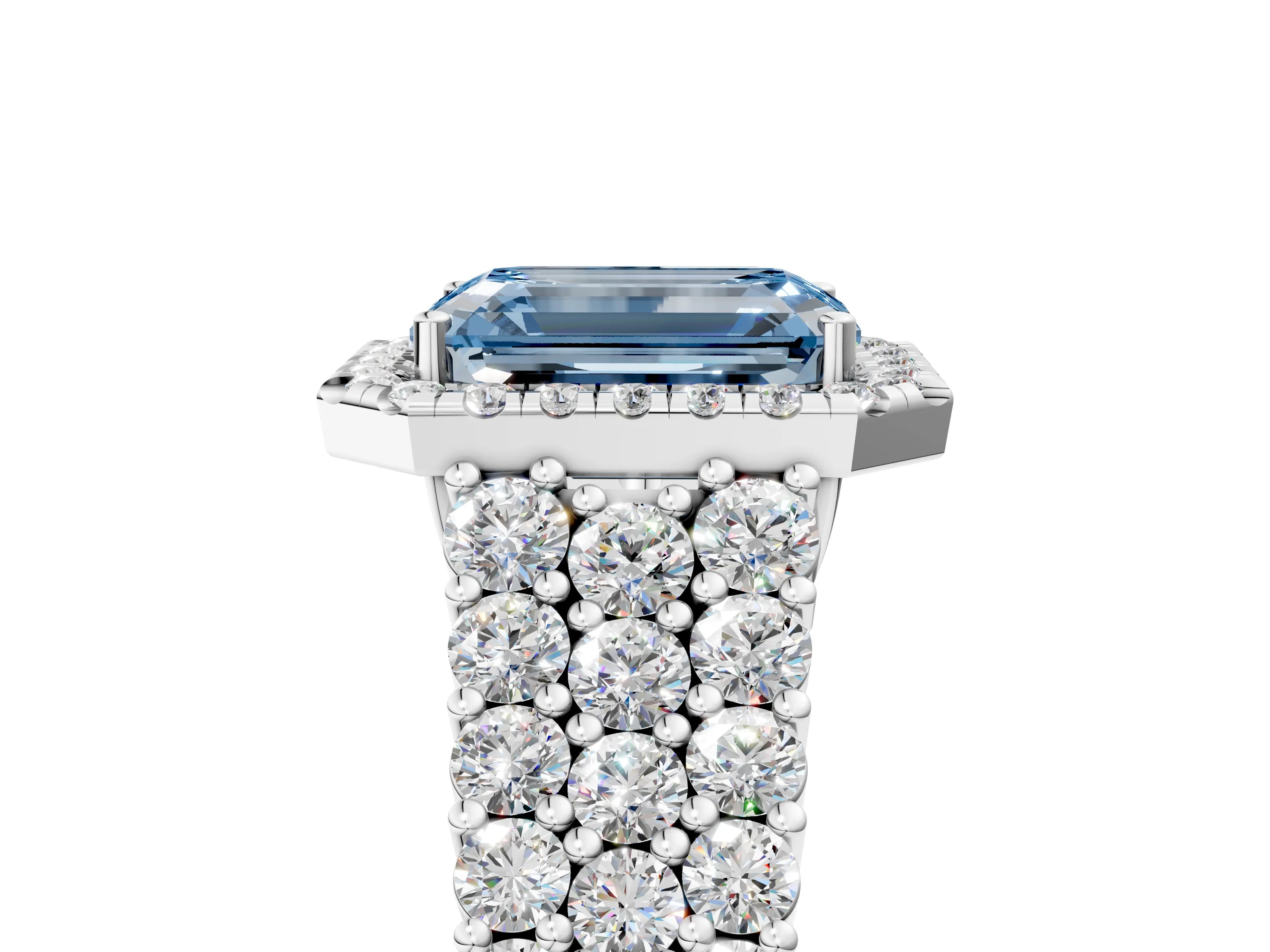White gold Fancy Blue Emerald Cut Halo Pavé Diamond Engagement Ring with Split Shank and Four-Prong Setting_8