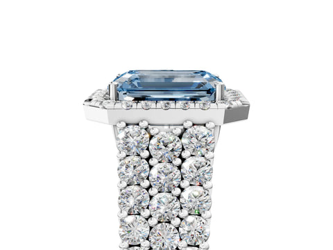 White gold Fancy Blue Emerald Cut Halo Pavé Diamond Engagement Ring with Split Shank and Four-Prong Setting_8